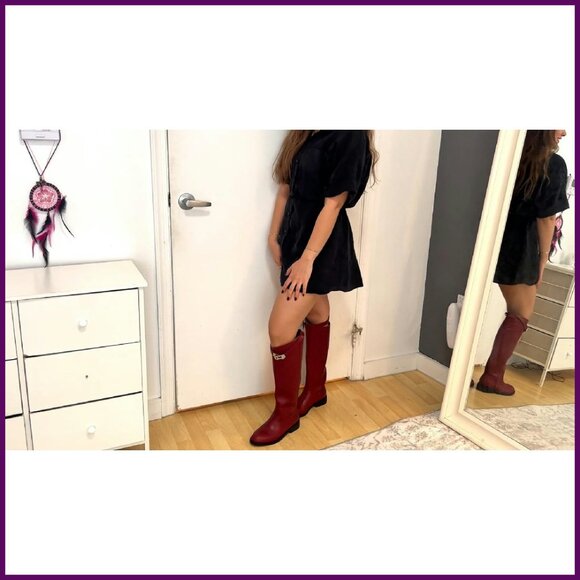 Women's Knee High Riding Boots Silver Buckle Faux Leather Motorcycle Style - Picture 8 of 8